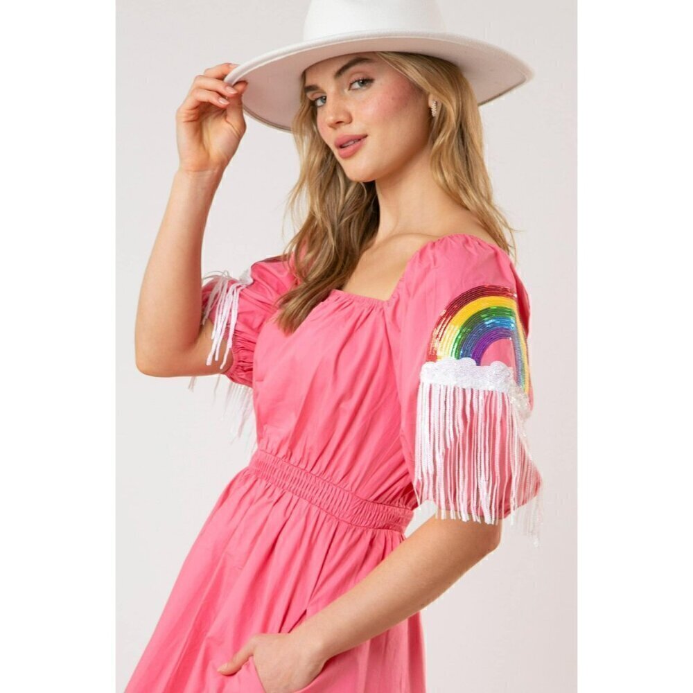 Happiest Day Ever Rainbow Sequin Sleeve Dress in Dark Coral - Picture 4 of 10